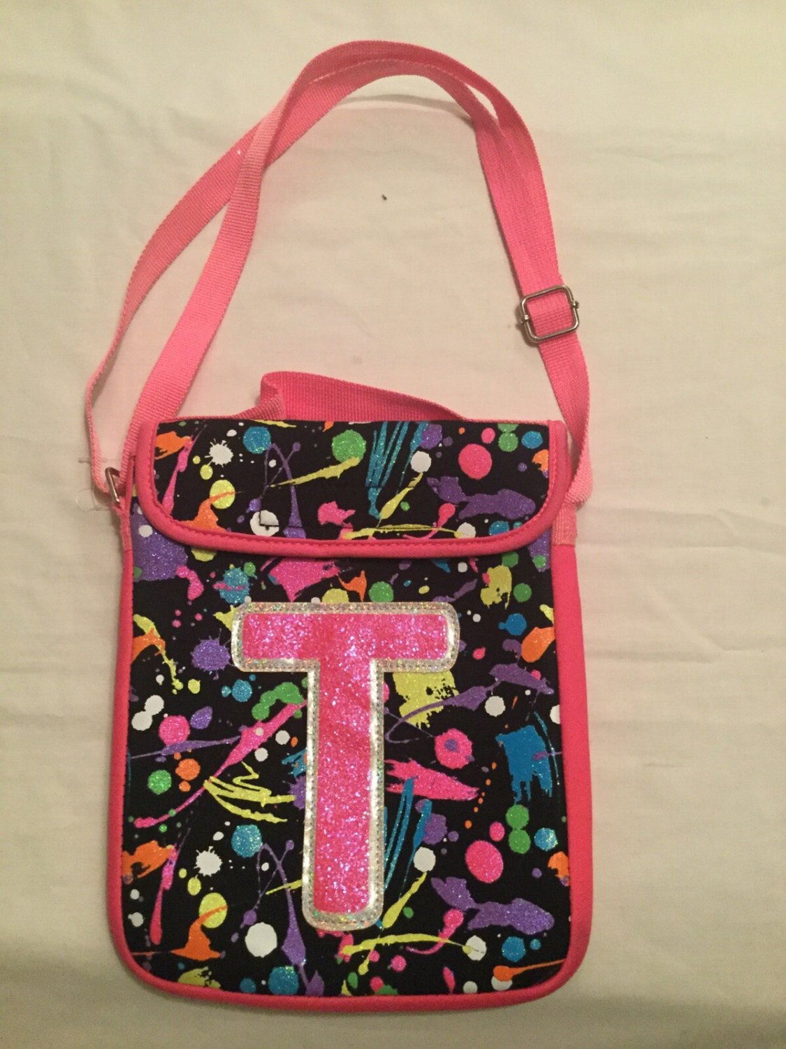 Justice initial letter T tote bag rainbow cross body paint splash glitter