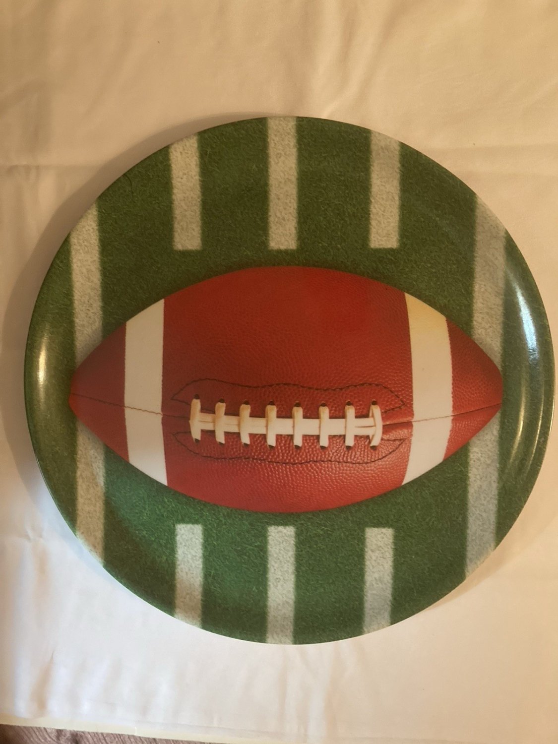 Football serving platter tray white green stripe field Amscan brown plate