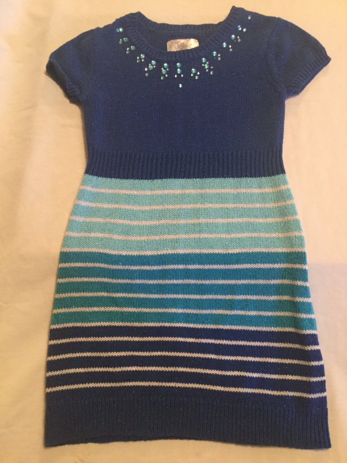 Size 8 Justice sweater dress metallic stripes sequins rhinestone