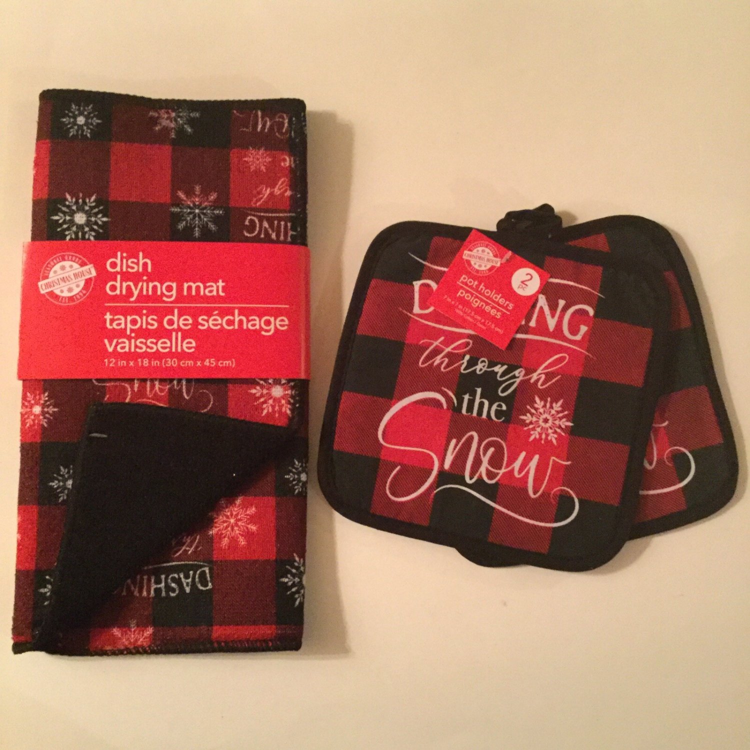 Winter kitchen 3 pc dish drying mat snowflakes pot holders plaid checked red