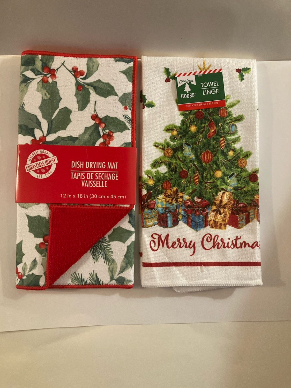 Winter 2 pc dish drying mat kitchen floral holly towel tree 15x25 in red