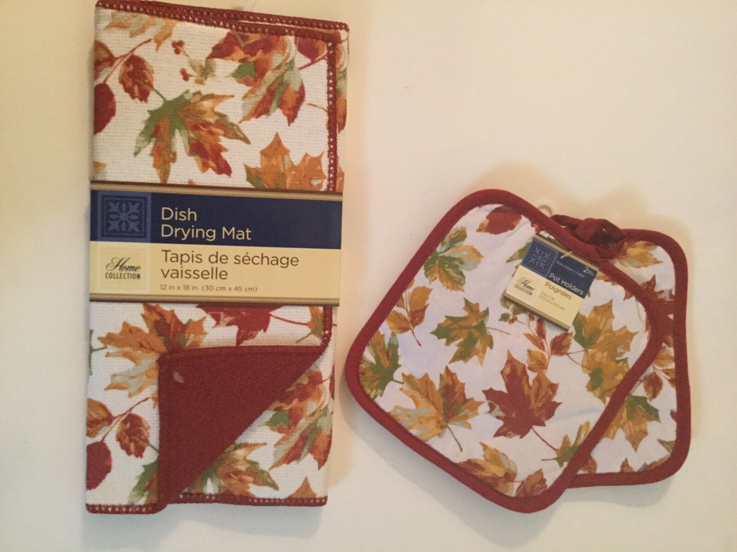 Winter autumn kitchen dish drying mat pot holder leaves Home Collection 3pc set
