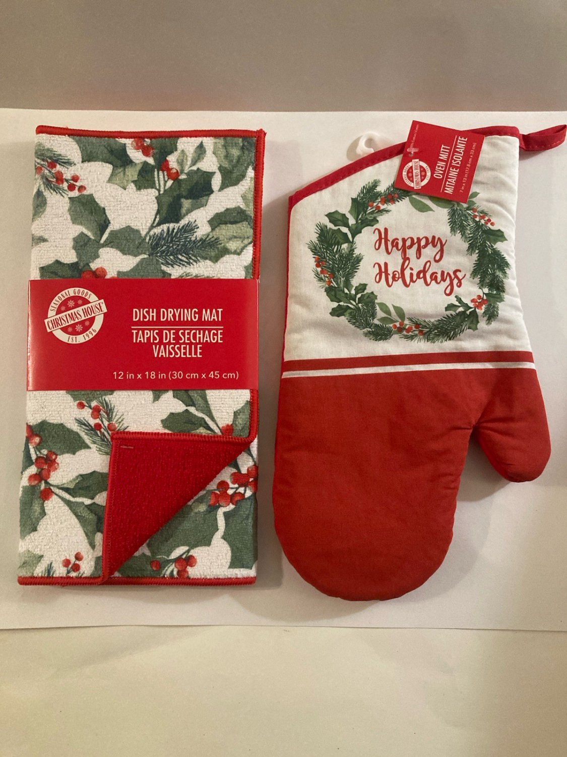 Winter 2 pc dish drying mat kitchen holly oven mitt foliage Happy Holidays