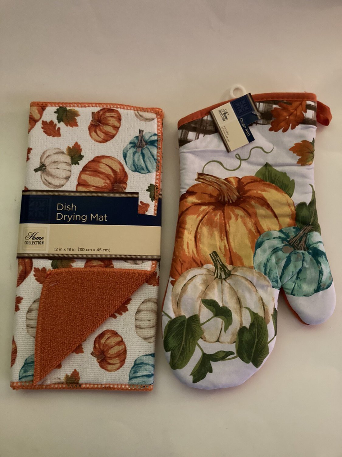 Winter kitchen 2 pc set dish drying mat oven mitt pumpkins foliage