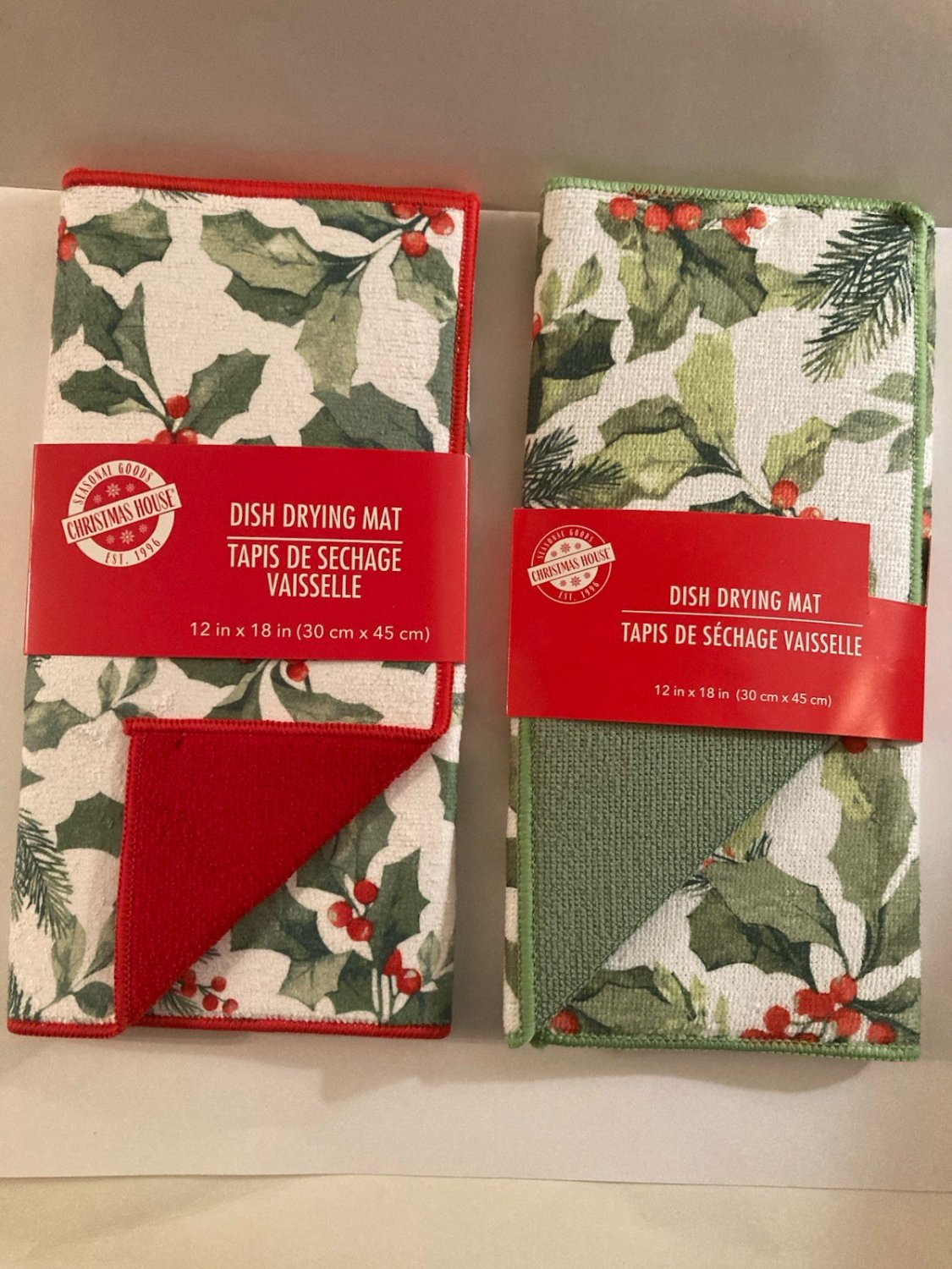 Winter holly kitchen 2 pc dish drying mat foliage floral 12x18 in green red