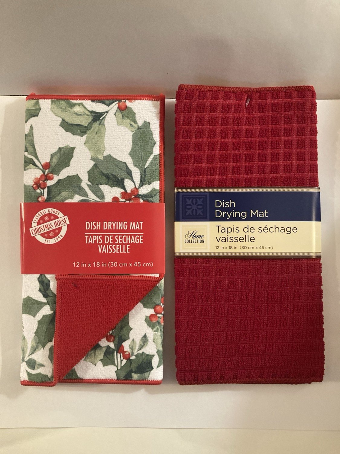 Winter kitchen 2 pc dish drying mat holly floral 12x18in red
