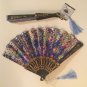 2 floral hand fans foldable cloth metallic tassel 9 in plastic
