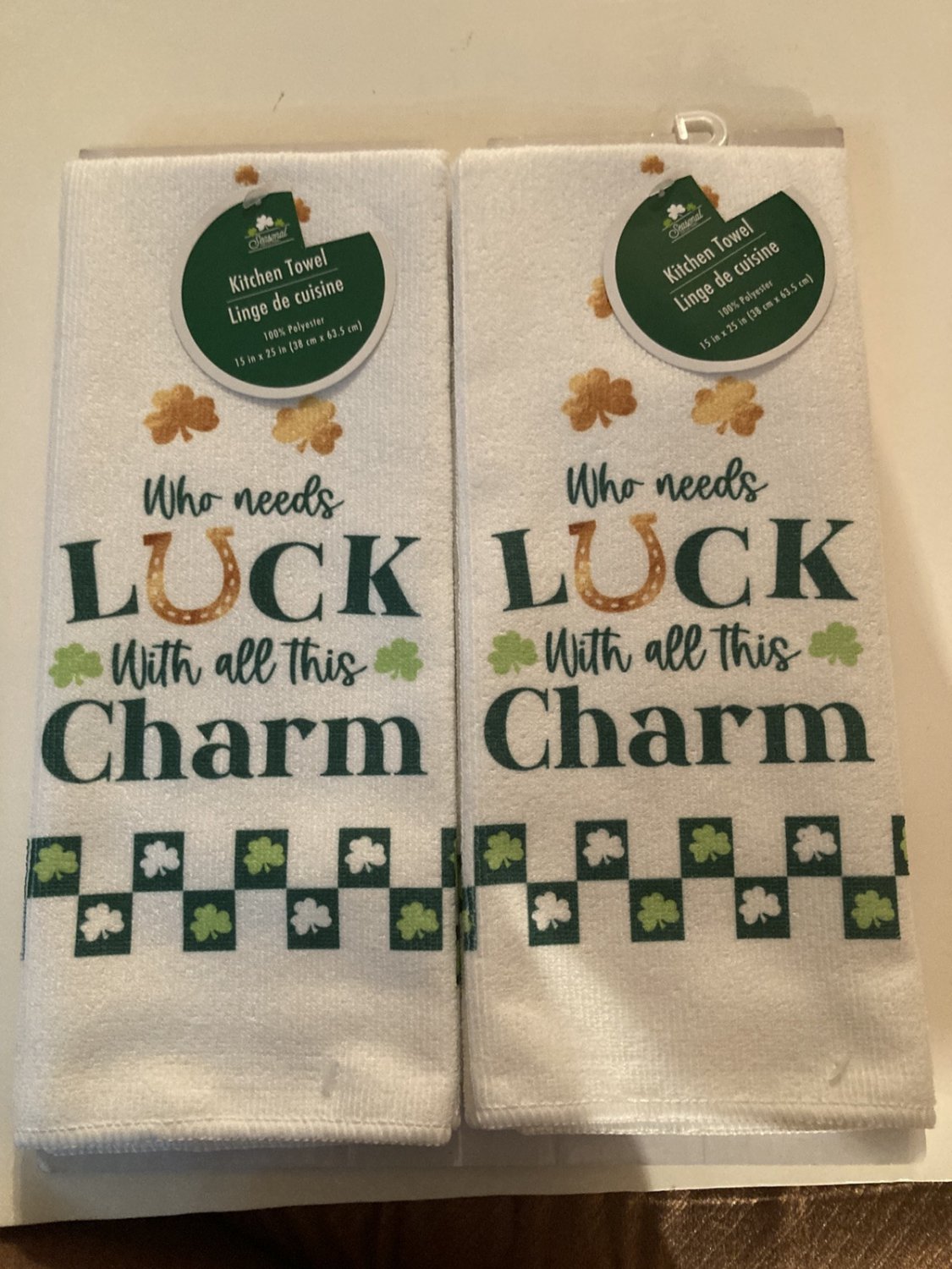 St. Patricks Day kitchen towels shamrocks luck with all this charm 2pc 15x25 in