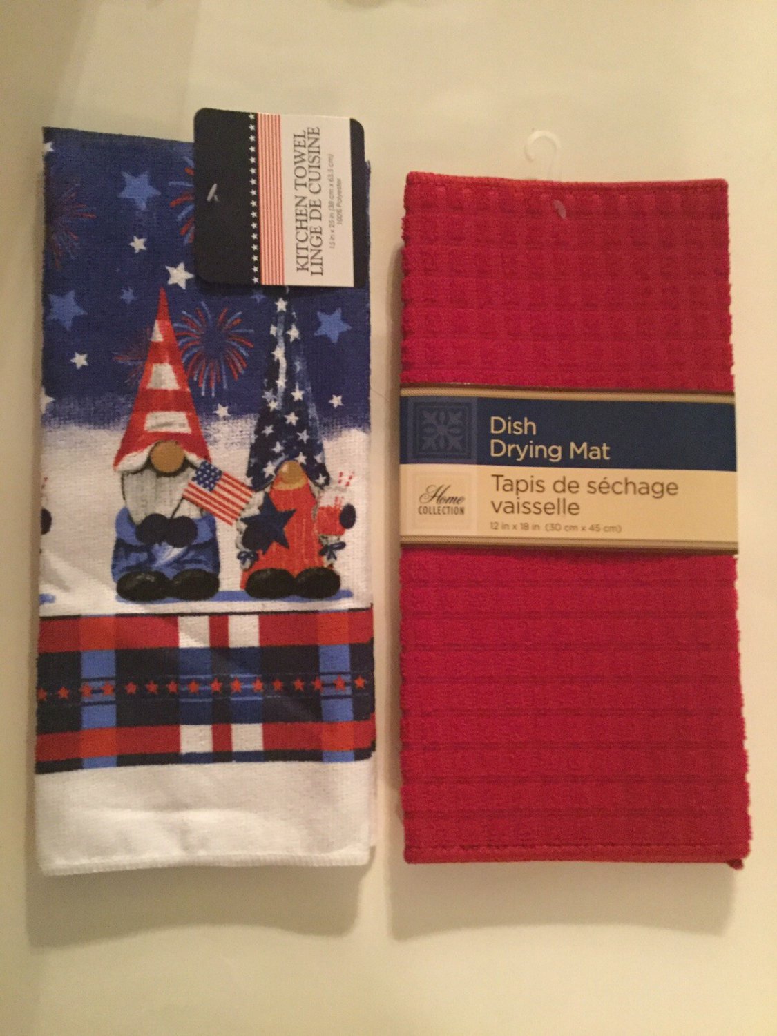kitchen set dish drying mat towel gnome stars 2 pc 12x18 in red blue