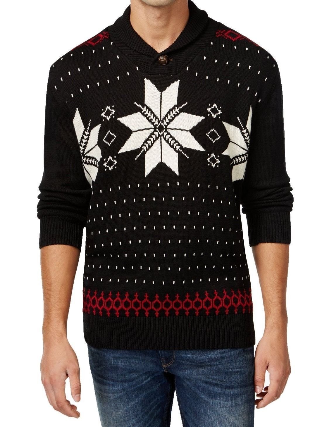 Weatherproof Vintage Men's Christmas Sweater Black Shawl Snowflake Knit ...