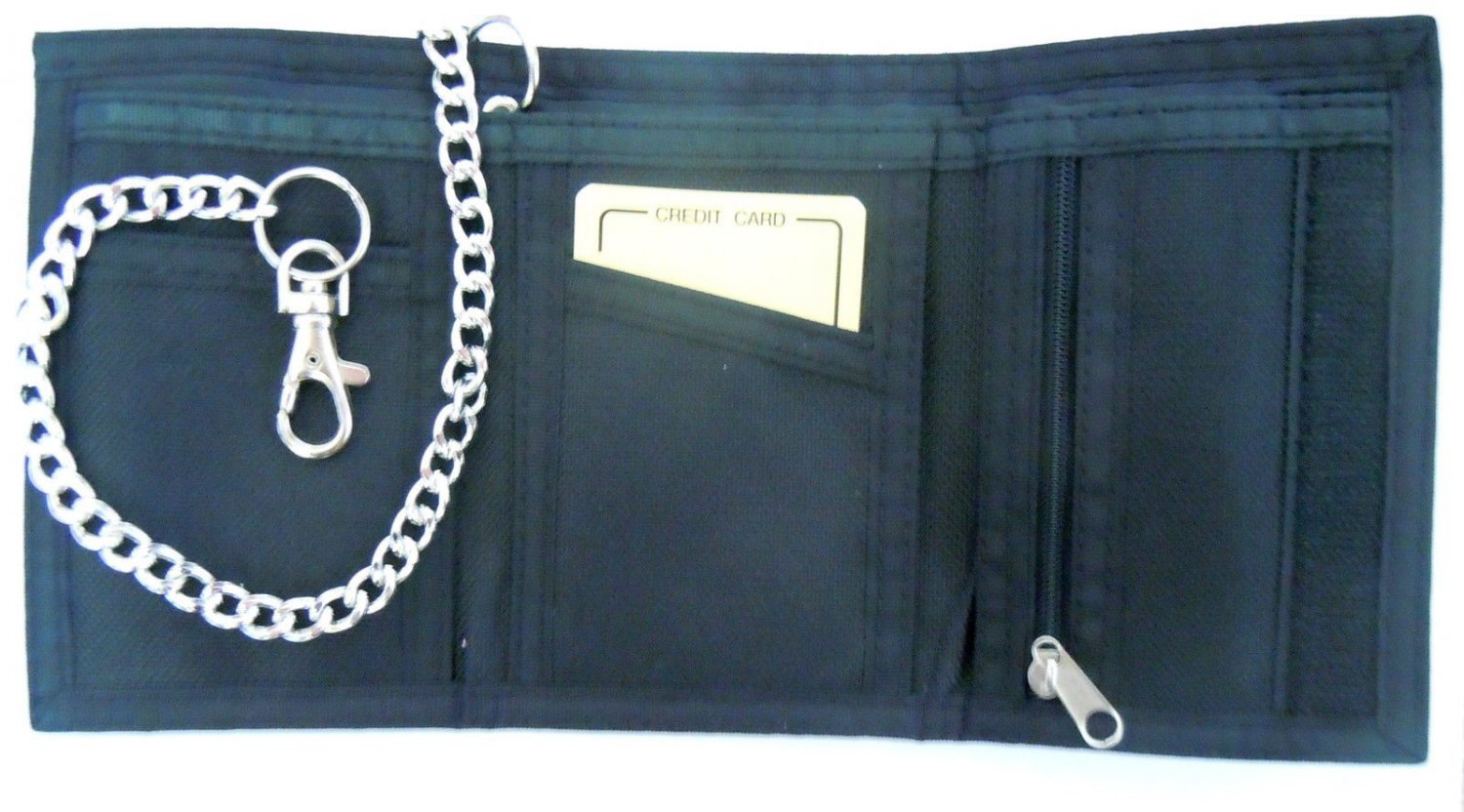 Black Canvas Sports Hook Loop Rip Credit Card Wallet Security Chain Trifold