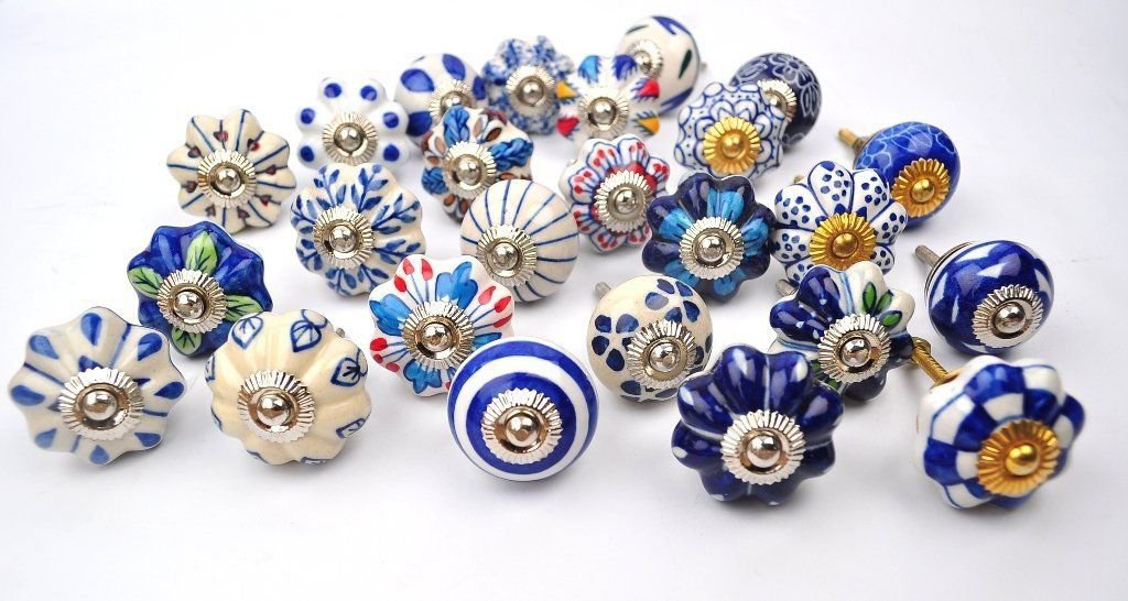 Blue and white hand painted ceramic pumpkin knobs cabinet drawer pulls Set Of 25