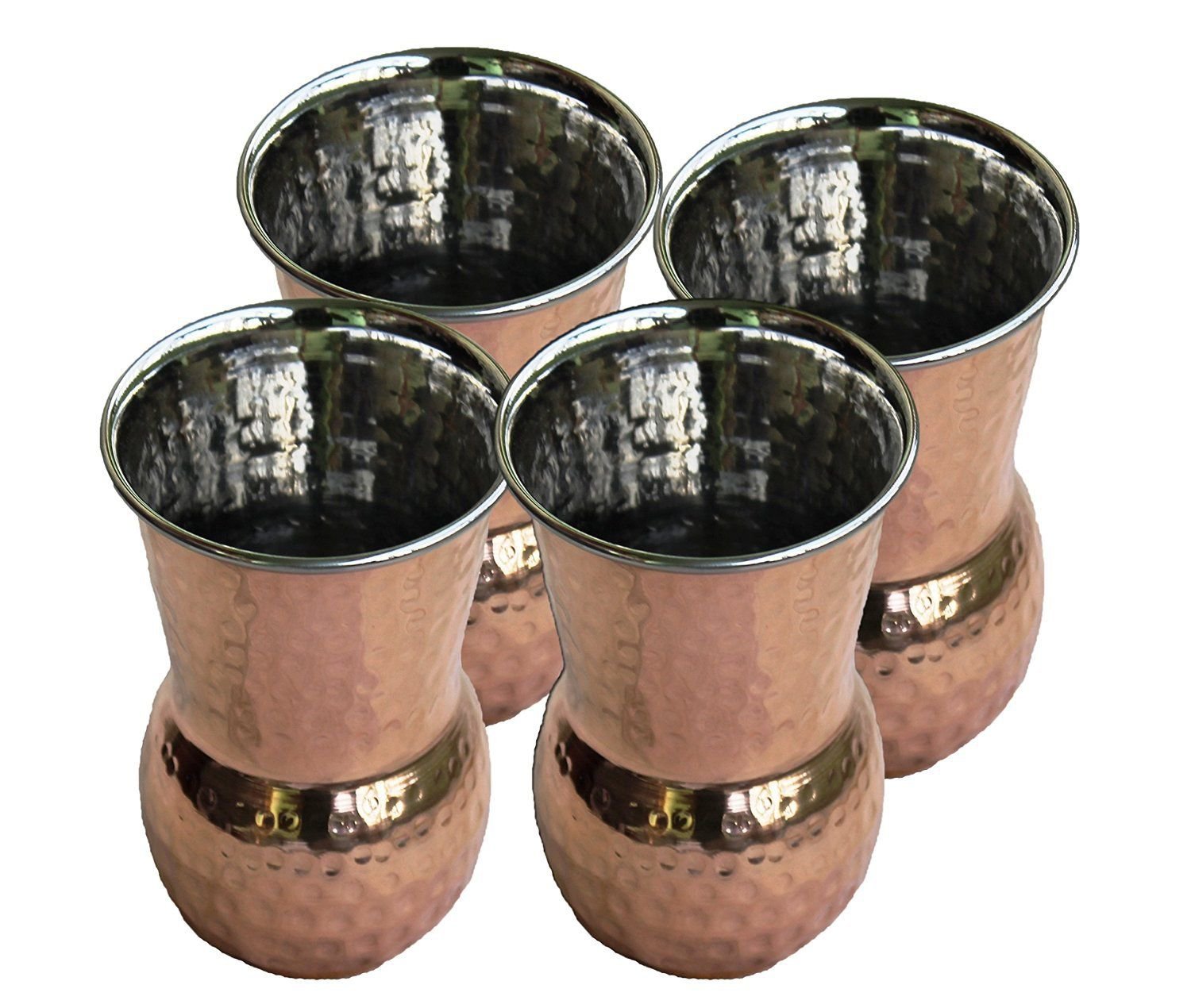Hammered Outside Copper Inside Stainless Steel Tumbler Muglai Matka Glass SetOf4