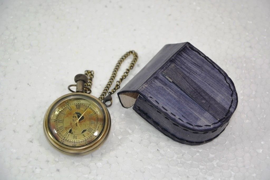 Battery Powered Hand Made Antique London Pocket Watch With Leather Case Pouch