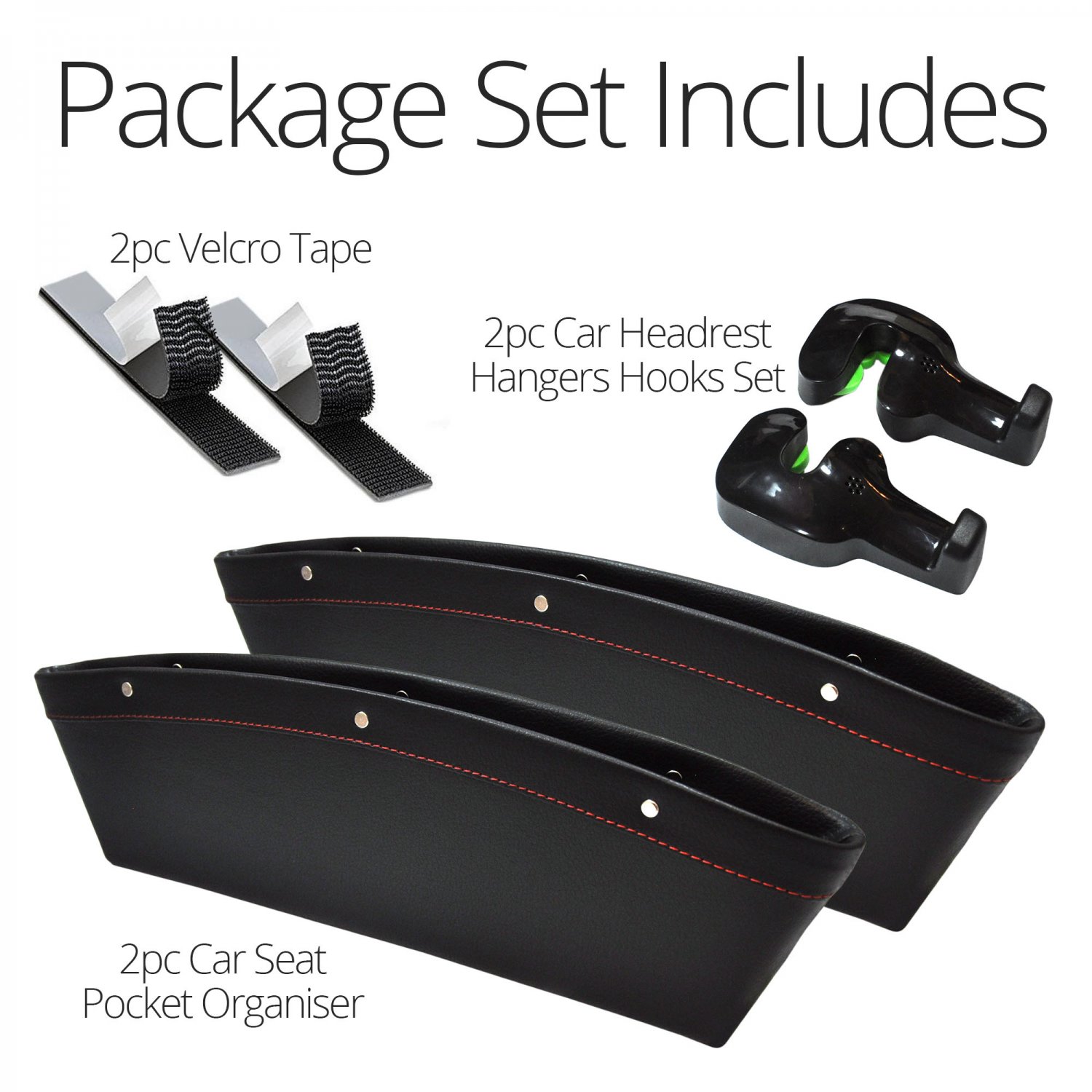 2 Packs & Pockets Seat Organizer with 2 Velcro Tape & 2 Car Headrest