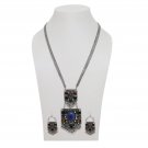 Boho Gypsy Handmade Onyx  Blue Agate Stone Silver Multi Layer Chain Necklace Set