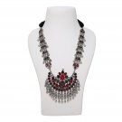 Afghani Ethnic Tribal Black Maroon Pendant Broad Long Chain Silver Bead Necklace