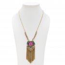 Golden Pendant Pink & Blue Enamel Chain Tassel Golden Beads Long Chain Necklace