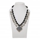 Indian Ethnic Handmade Black Cotton Beads Metal Pendant SilverCoin Bead Necklace