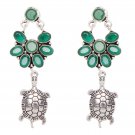Silver Oxidized Ethnic Designer Fusion Handmade Light Green Turtle Earrings Girl