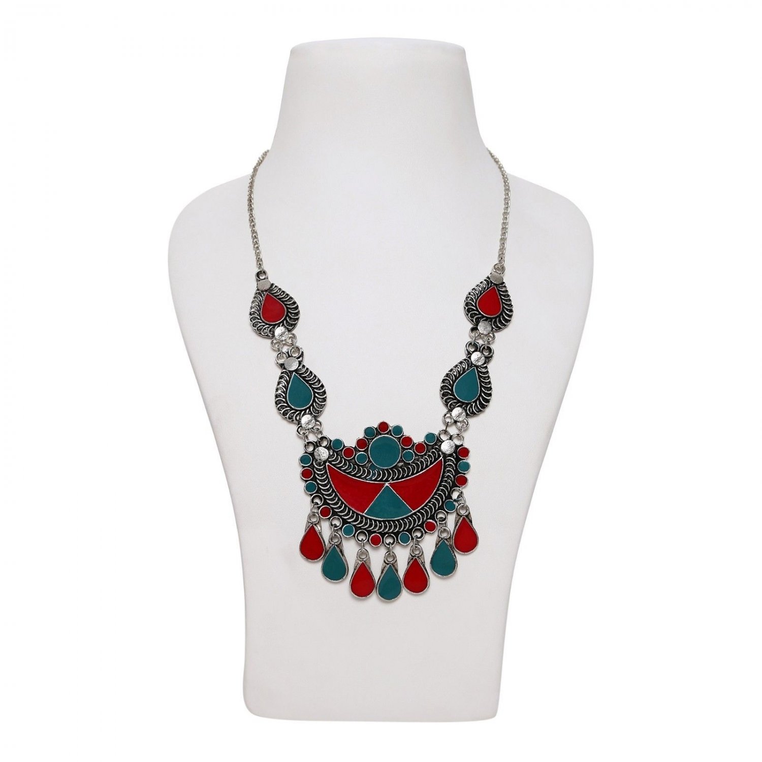 Afghani Boho Broad Long Chain Pendant Silver Oxidised Double Colour Necklace Set