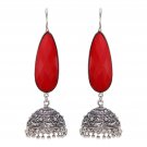 Silver Oxidized Red Acrylic Stone Light Long Weight Ethnic Jhumka Earrings Women