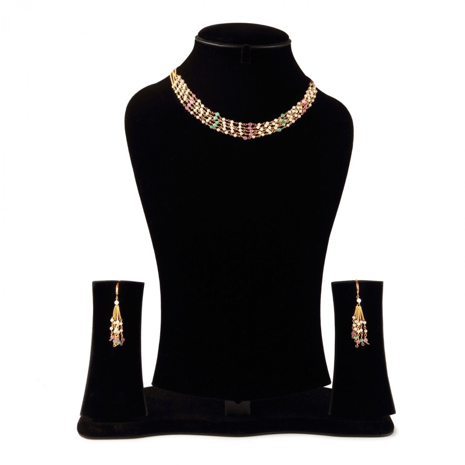 Multi layer multi color Pearl Medium Size Golden chain Necklace set with Earring