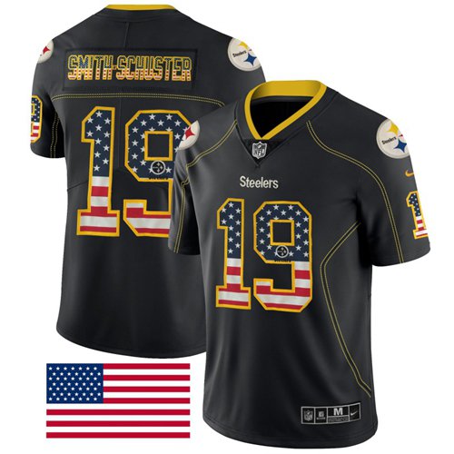 Steelers #19 JuJu Smith-Schuster Black Men's Stitched Limited Rush USA Flag Jersey