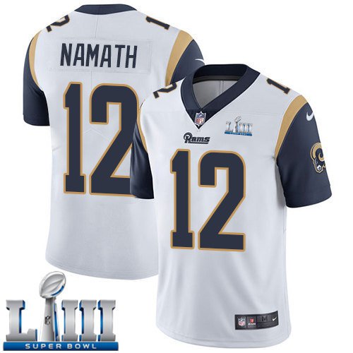 Men's Joe Namath Rams White Stitched Jersey Super Bowl LIII #12 Road