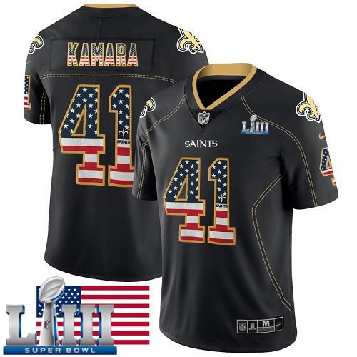 Saints #41 Alvin Kamara Men's Black Stitched Jersey Super Bowl LIII USA Flag