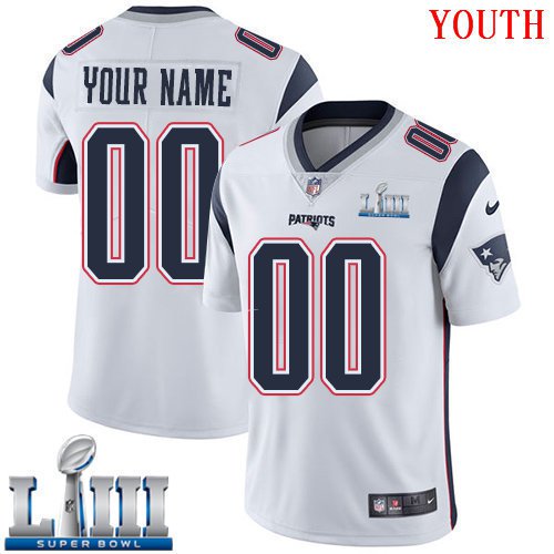Patriots Youth Road White Stitched Jersey Super Bowl LIII Customized