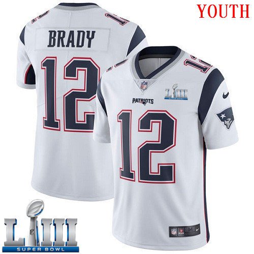Patriots #12 Tom Brady Youth Road White Stitched Jersey Super Bowl LIII
