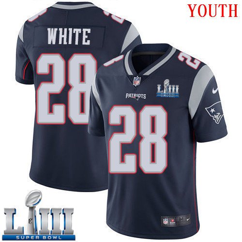 Patriots #28 James White Youth Home Navy Blue Stitched Jersey Super Bowl LIII