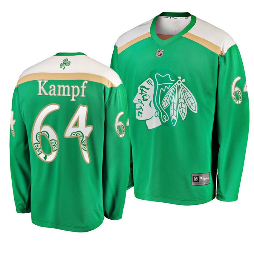 Men's Blackhawks #64 David Kampf 2019 St. Patrick's Day Green Stitched Jersey
