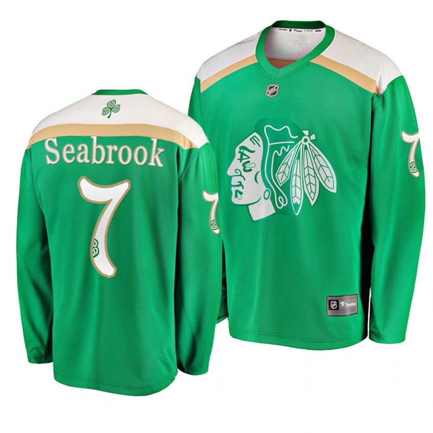 Men's Blackhawks #7 Brent Seabrook 2019 St. Patrick's Day Green Stitched Jersey