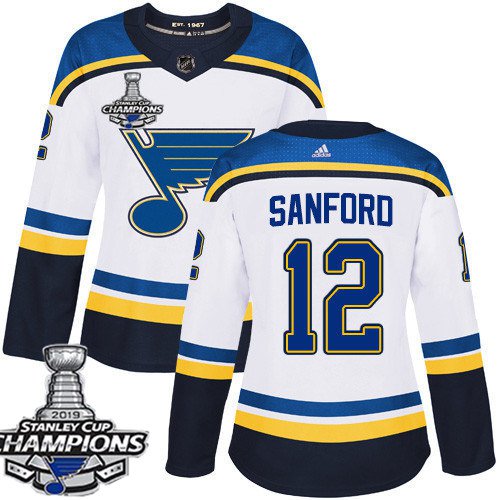 Women's St. Louis Blues #12 Zach Sanford White Away 2019 Champions Patch Jersey