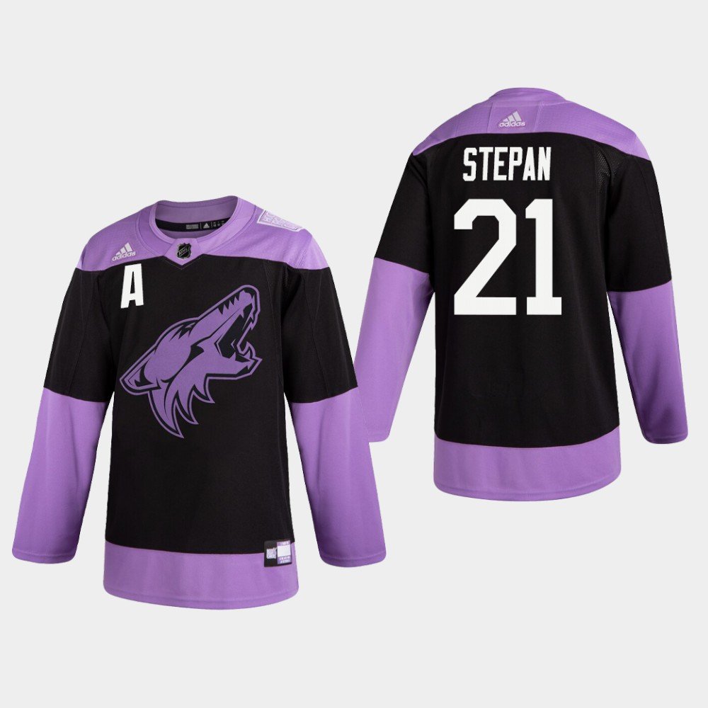 Coyotes Derek Stepan Black Purple Hockey Fights Cancer Stitched Jersey