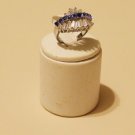 ladies white gold plated clear and blue bagget and round burst cluster ring