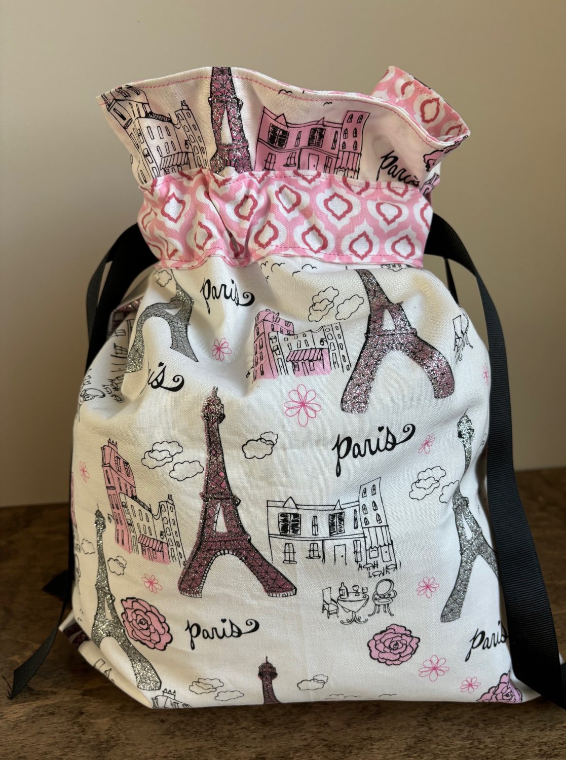 Drawstring Bag Paris Print Waterproof Lining for Food, Swimsuit, Cosmetics, Diapers, Travel