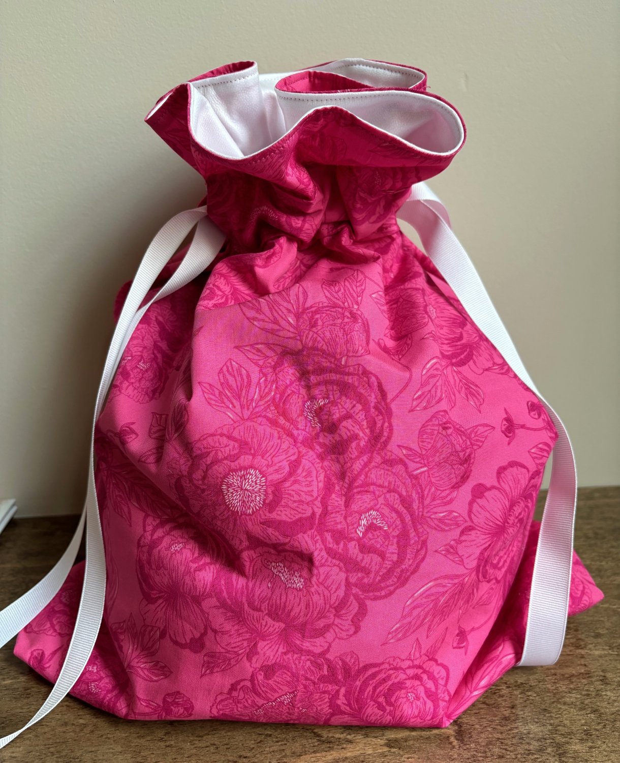 Drawstring Bag Pink Floral Waterproof Lining for Food, Swimsuit, Cosmetics, Diapers, Travel