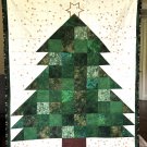Throw Quilt Patchwork Christmas Tree Metallic Gold Accents - Handmade Cotton