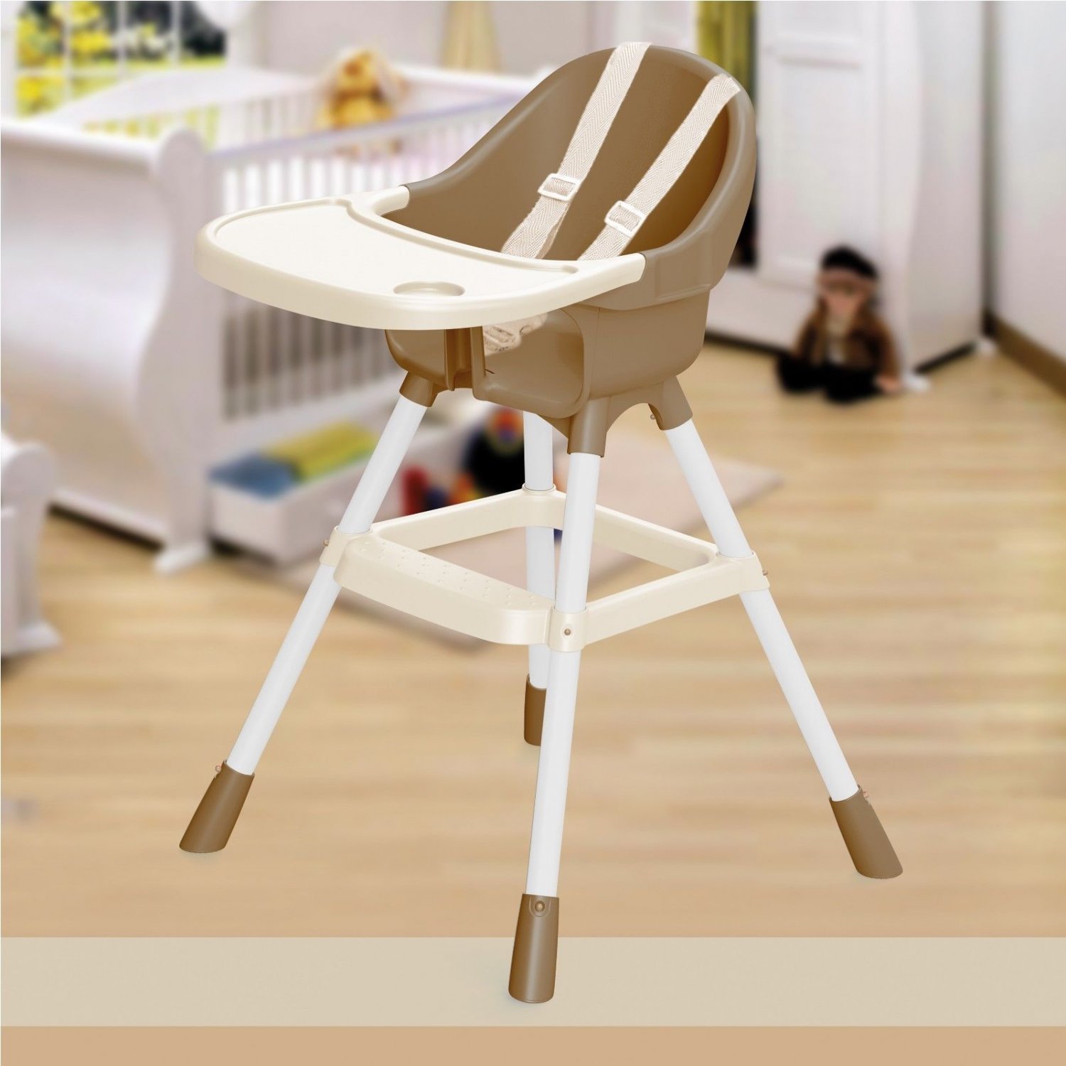 Dolu Brown & White High Chair Infant Child Feeding Seat Bib Tray Safety Belt NEW