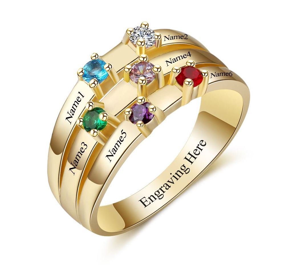 Personalized 14k Gold IP 6 Birthstone & 6 Engraved Name Mothers Family Ring