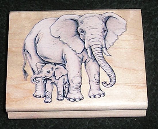 Rubber Stamp Mounted On Wood Elephant With Baby Rubber Stampede