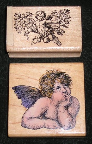 2 Rubber Stamps Mounted On Wood Cherub/Angel By Marks Of Distinction & Comotion