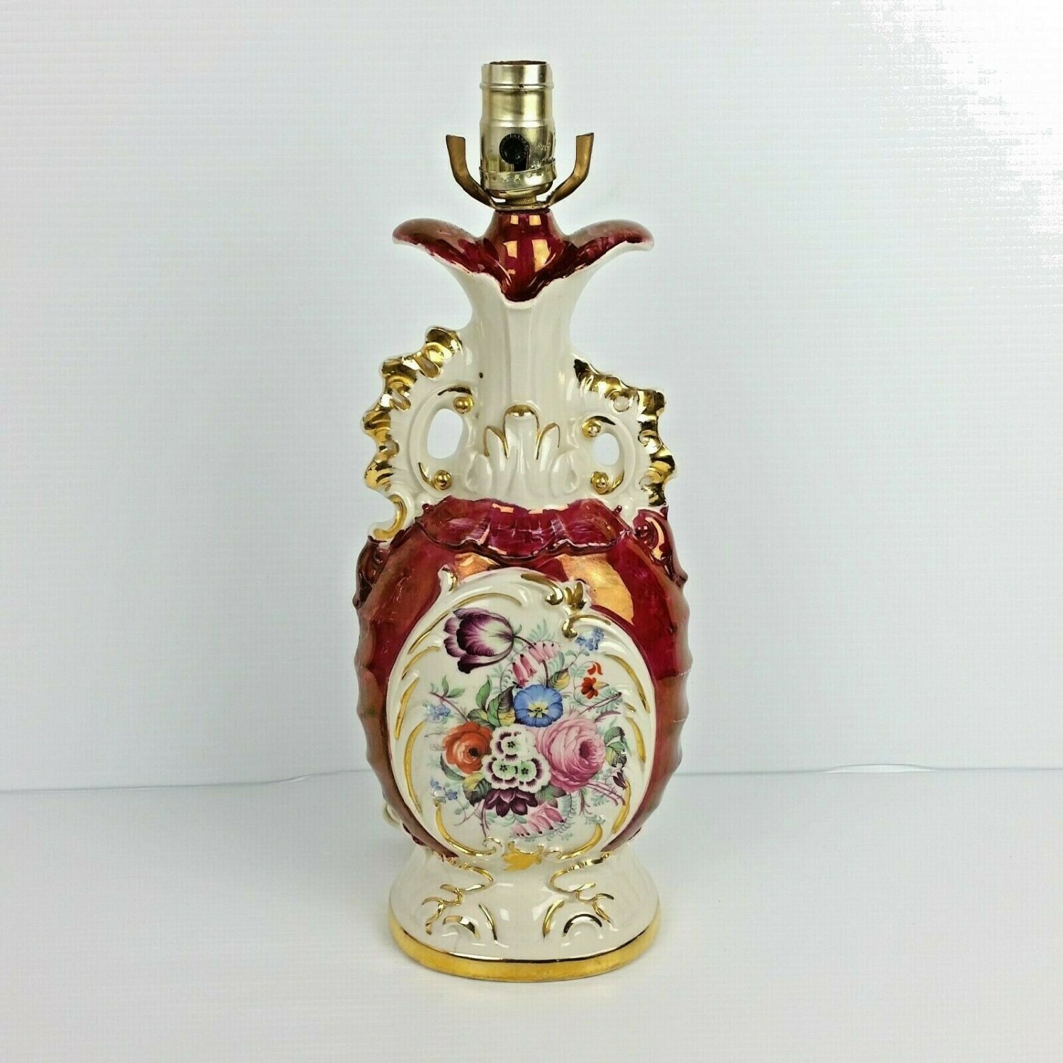 Vintage Porcelain Trophy Table Lamp Rose Maroon Victorian Urn Floral Deena ...