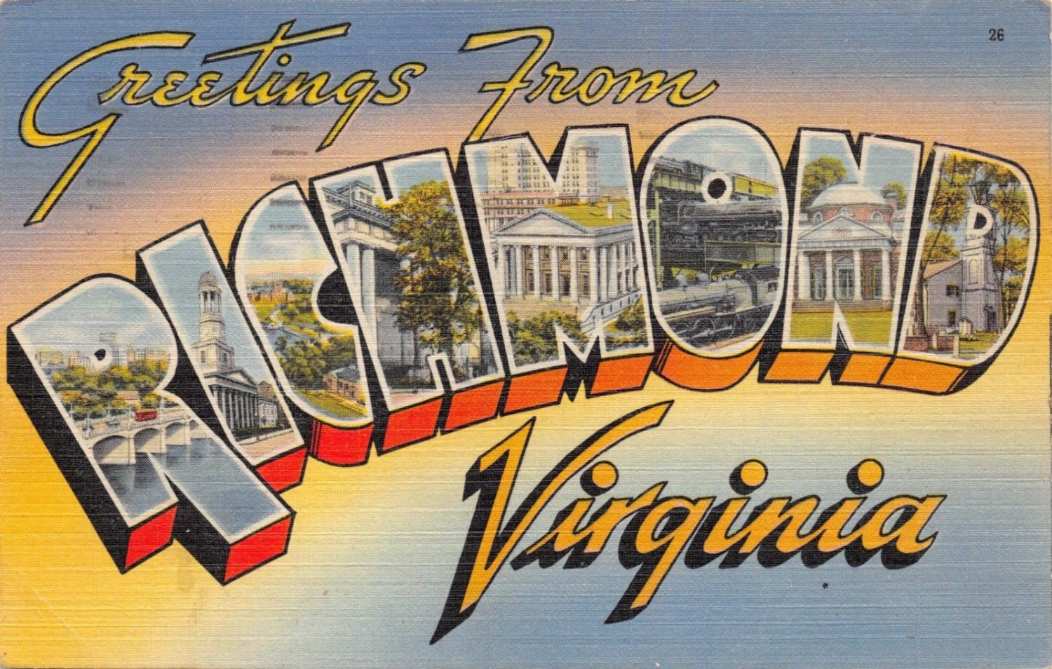RICHMOND VIRGINIA GREETINGS FROMLARGE LETTER POSTCARD 1947 PSTMK