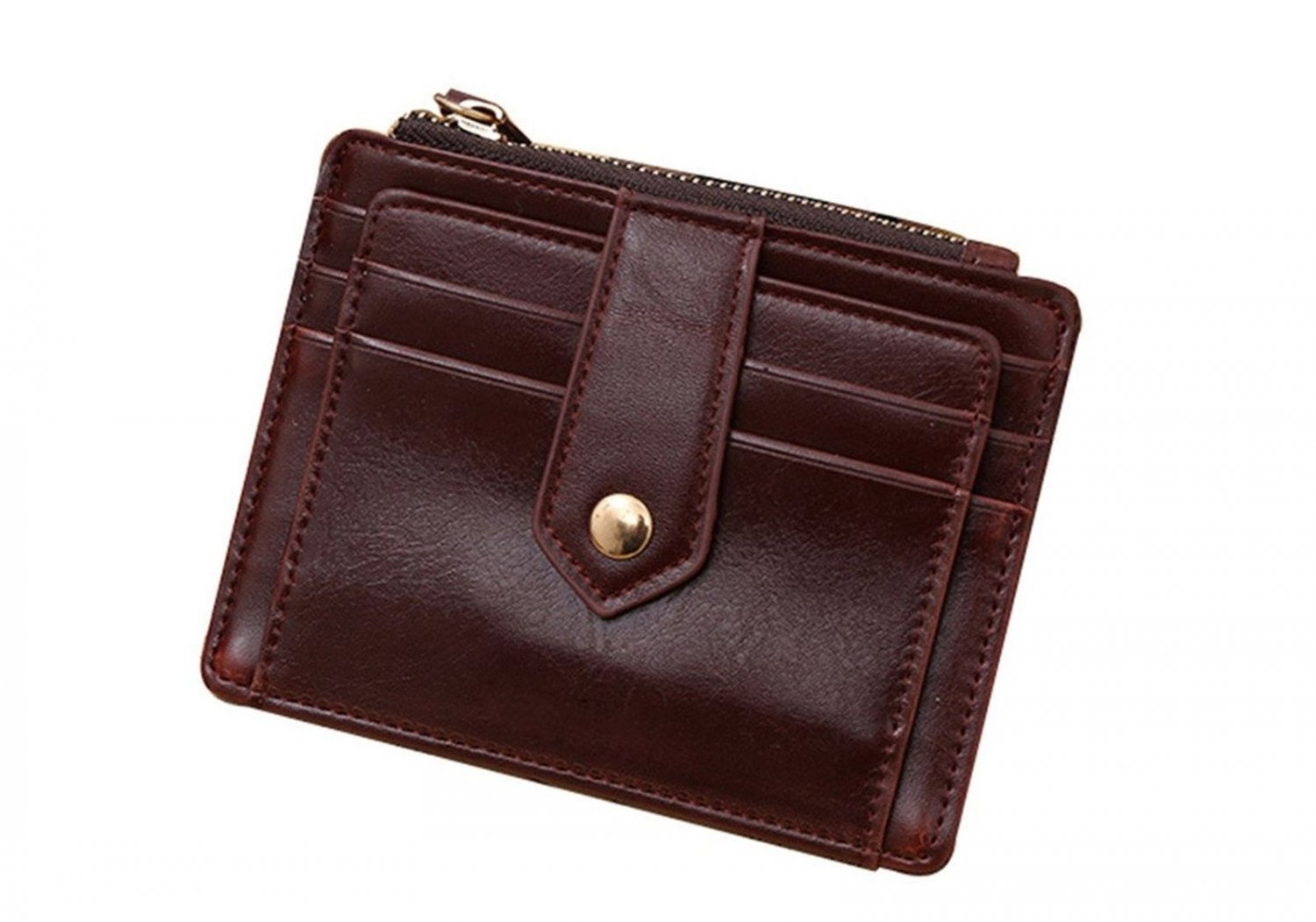 Wallet Credit Card Case with ID Window Zipper Holder Purse Leather Debit Brown