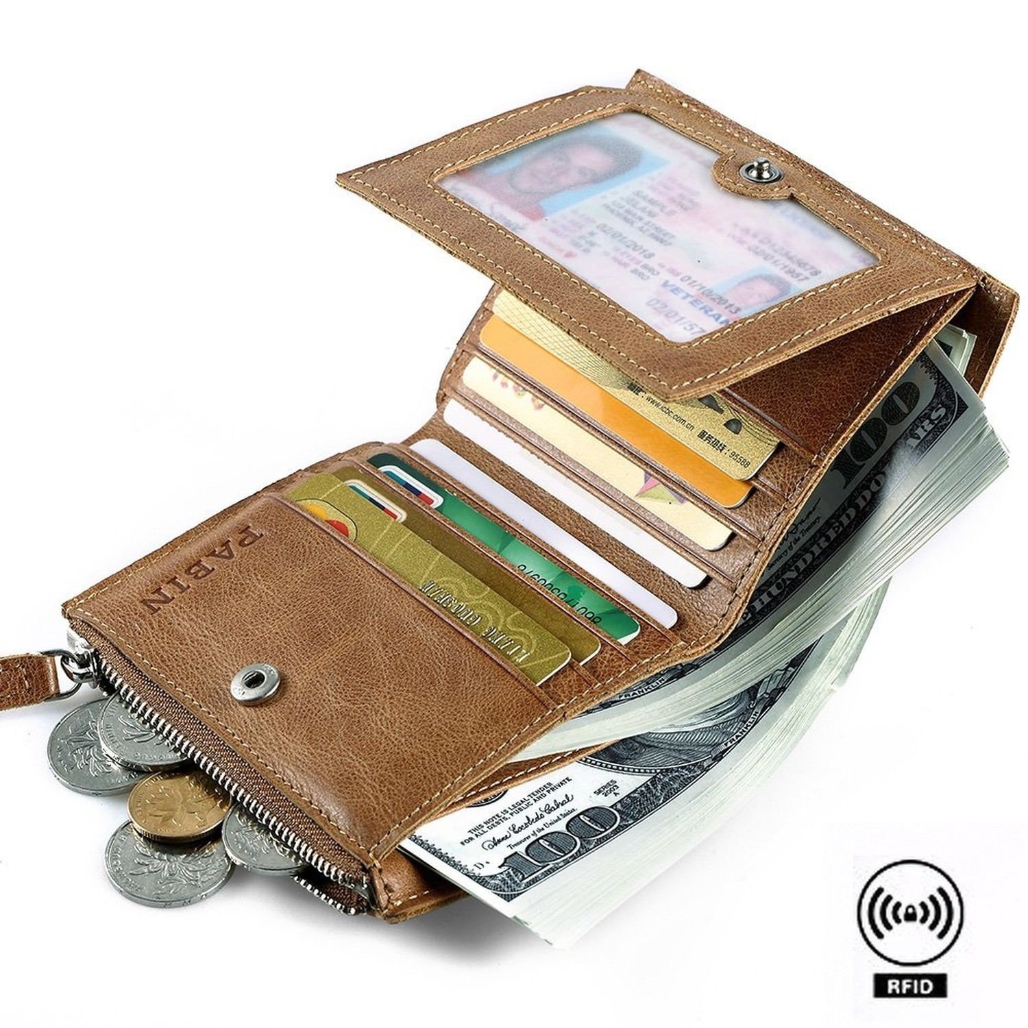 Leather Wallet Trifold for Men Credit Card Protector Vintage Brown 8 Card Slots