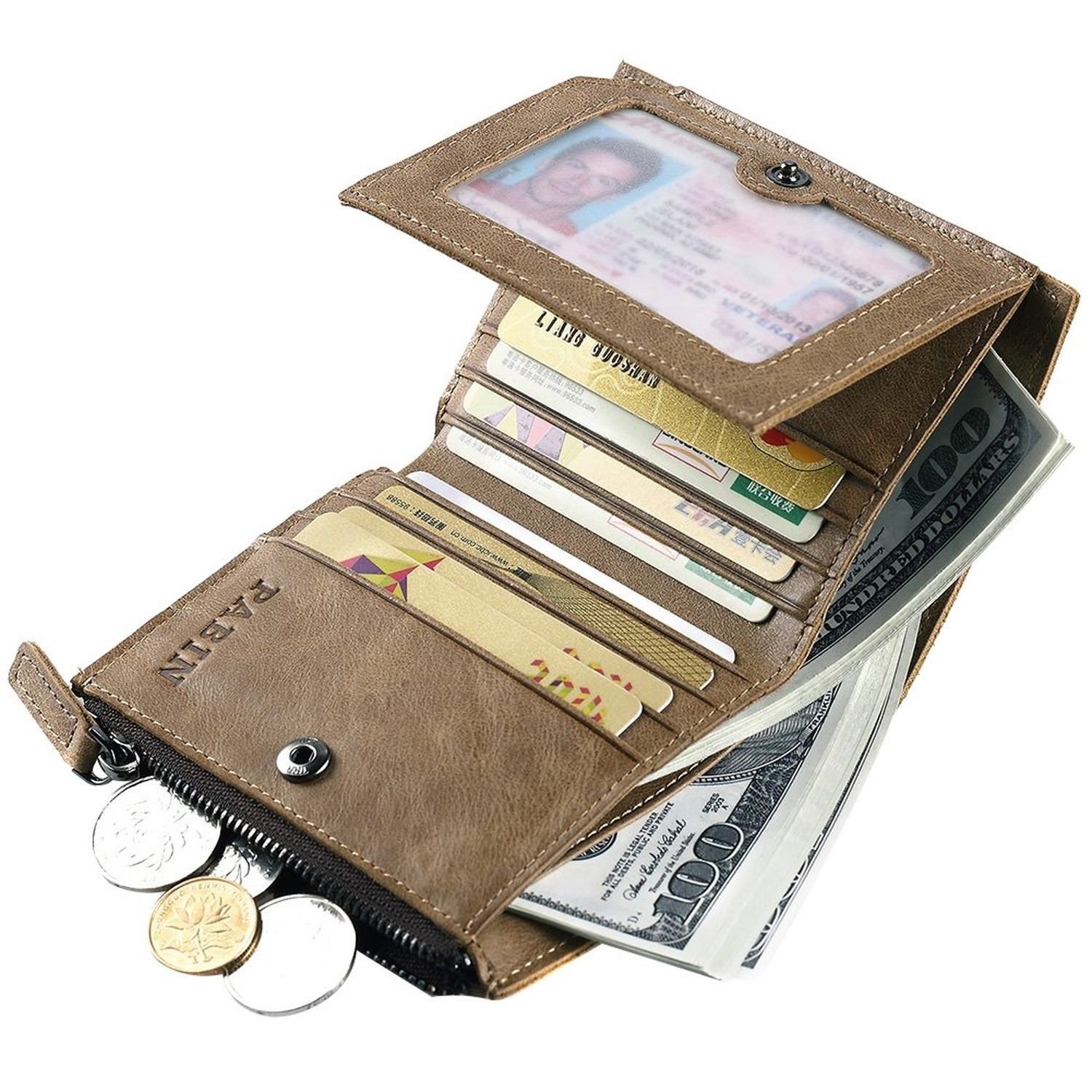 Leather Wallet Trifold for Men Credit Card Protector Vintage Khaki 8 Card Slots